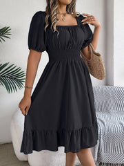 Flattering A-Line Silhouette Square Neck Puff Sleeve Smocked A-Line Midi Wedding Dress