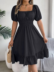 Flattering A-Line Silhouette Square Neck Puff Sleeve Smocked A-Line Midi Wedding Dress