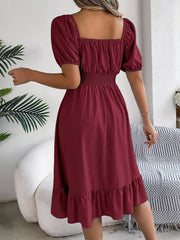 Flattering A-Line Silhouette Square Neck Puff Sleeve Smocked A-Line Midi Wedding Dress