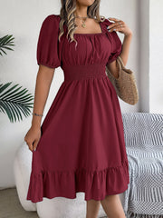 Flattering A-Line Silhouette Square Neck Puff Sleeve Smocked A-Line Midi Wedding Dress