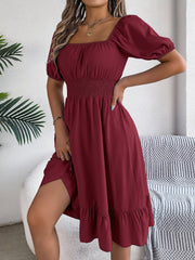 Flattering A-Line Silhouette Square Neck Puff Sleeve Smocked A-Line Midi Wedding Dress
