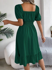 Flattering A-Line Silhouette Square Neck Puff Sleeve Smocked A-Line Midi Wedding Dress
