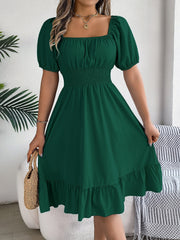 Flattering A-Line Silhouette Square Neck Puff Sleeve Smocked A-Line Midi Wedding Dress