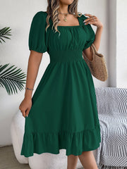 Flattering A-Line Silhouette Square Neck Puff Sleeve Smocked A-Line Midi Wedding Dress
