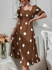 Vintage Elastic Smocking & Flutter Ruffles Polka Dot Off Shoulder Midi Cotton Dress