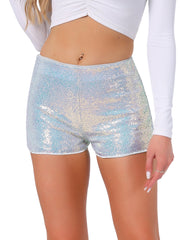 Sequin Midrise Solid Sparkle Cocktail Zipper Elastic Waist Shorts