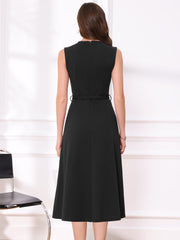 Work Sleeveless Crew Neck Belted A-Line Office Dress