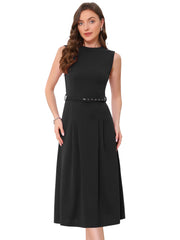 Work Sleeveless Crew Neck Belted A-Line Office Dress