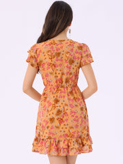 Ruffle Sleeve V Neck Above Knee A-Line Floral Chiffon Dress