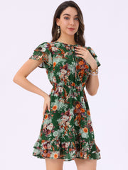Ruffle Sleeve V Neck Above Knee A-Line Floral Chiffon Dress