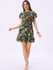 Ruffle Sleeve V Neck Above Knee A-Line Floral Chiffon Dress