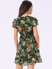 Ruffle Sleeve V Neck Above Knee A-Line Floral Chiffon Dress