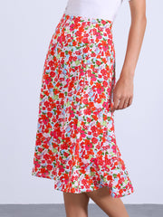 Floral Peasant Elastic Waist A-Line Ditsy Leave Midi Skirt