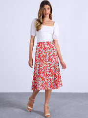 Floral Peasant Elastic Waist A-Line Ditsy Leave Midi Skirt