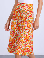 Floral Peasant Elastic Waist A-Line Ditsy Leave Midi Skirt