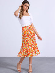 Floral Peasant Elastic Waist A-Line Ditsy Leave Midi Skirt