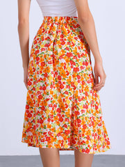 Floral Peasant Elastic Waist A-Line Ditsy Leave Midi Skirt