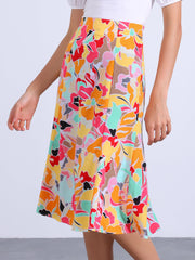 Floral Peasant Elastic Waist A-Line Ditsy Leave Midi Skirt