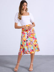 Floral Peasant Elastic Waist A-Line Ditsy Leave Midi Skirt