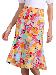 Floral Peasant Elastic Waist A-Line Ditsy Leave Midi Skirt