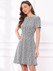 Tweed Button Decor Round Neck Short Sleeve A-Line Mini Dress