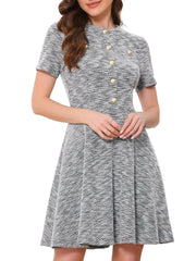 Tweed Button Decor Round Neck Short Sleeve A-Line Mini Dress