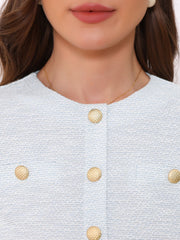 Tweed Button Decor Round Neck Short Sleeve A-Line Mini Dress