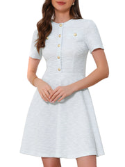 Tweed Button Decor Round Neck Short Sleeve A-Line Mini Dress