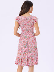 Midi Smocked Cap Short Sleeve Floral Fit and Flare Dress