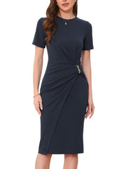 Short Sleeve Crew Neck Midi Sheath Work Dress