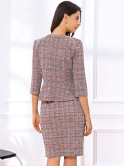 2 Pieces Tweed Button Down 3/4 Sleeves Jacket & Midi Pencil Skirt Set