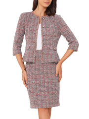2 Pieces Tweed Button Down 3/4 Sleeves Jacket & Midi Pencil Skirt Set