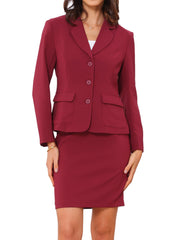 2 Pieces Collared Button Down Blazer & Pencil Midi Skirt Suit Set