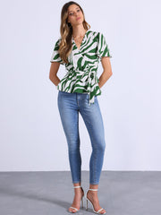 Printed V Neck Elastic Waist Belt Ruffle Peplum Blouse