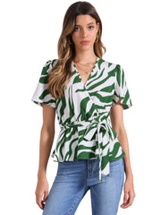 Printed V Neck Elastic Waist Belt Ruffle Peplum Blouse