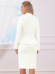 Long Sleeve Notched Lapel Peplum Blazer Pencil Skirt 2 Piece Set