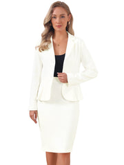 Long Sleeve Notched Lapel Peplum Blazer Pencil Skirt 2 Piece Set