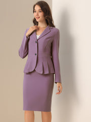 Long Sleeve Notched Lapel Peplum Blazer Pencil Skirt 2 Piece Set