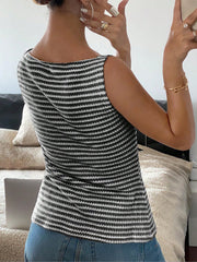 Classic Relaxed Fit Breton Stripe Button Down Sleeveless Striped Knit Daily & Office Top