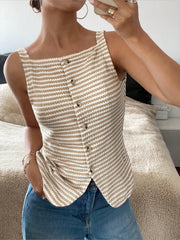 Classic Relaxed Fit Breton Stripe Button Down Sleeveless Striped Knit Daily & Office Top
