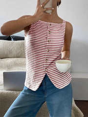 Classic Relaxed Fit Breton Stripe Button Down Sleeveless Striped Knit Daily & Office Top