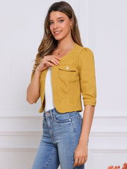 Denim Collarless Pockets 3/4 Sleeve Feminine Style Jacket