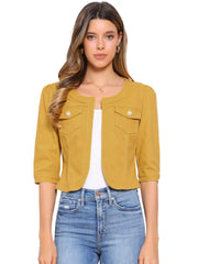 Denim Collarless Pockets 3/4 Sleeve Feminine Style Jacket