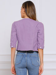 Denim Collarless Pockets 3/4 Sleeve Feminine Style Jacket