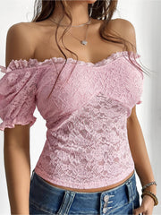 Y2K Style Lace Sheer Off Shoulder Blouse