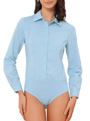 Long Sleeve Leotard Shirt Business Work Button Down Bodysuit
