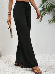Solid Color Elastic Waist Casual Wide Legs Pants