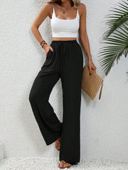 Solid Color Elastic Waist Casual Wide Legs Pants