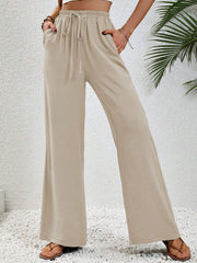Solid Color Elastic Waist Casual Wide Legs Pants