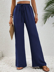 Solid Color Elastic Waist Casual Wide Legs Pants